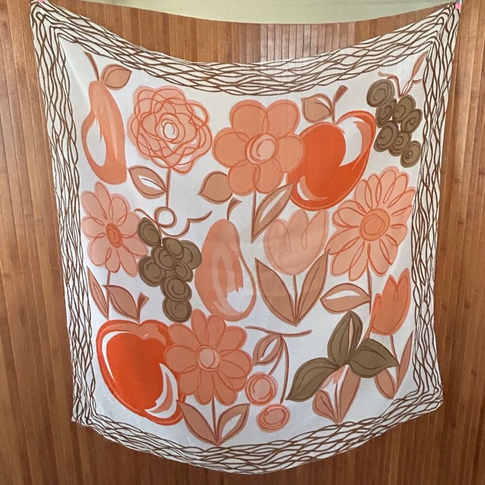 Vintage 60s 70s Silk Chiffon Scarf Retro Floral Fruit Orange Brown Large 34x34